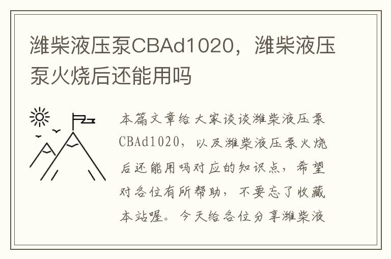 潍柴液压泵CBAd1020，潍柴液压泵火烧后还能用吗